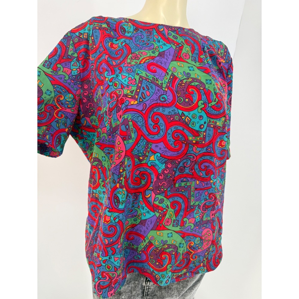 VTG 80s 90s Pucci Style Psychedelic Abstract Swirl Silk Jersey Blouse L